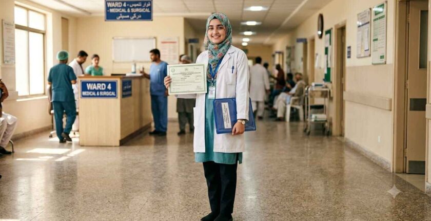 Hospital jobs after FSC - student holding certificate in hospital corridor