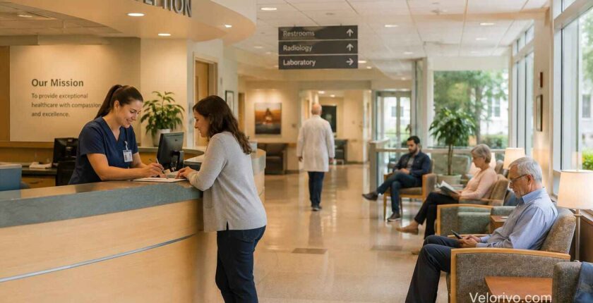 Hospital FAQs - reception desk and waiting area