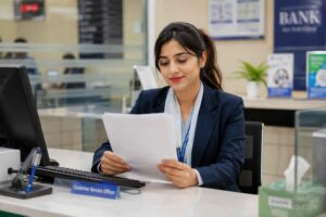 Woman working in the banking sector as a government job option