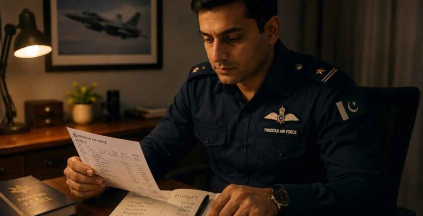 PAF salary and benefits - officer reviewing payslip at home